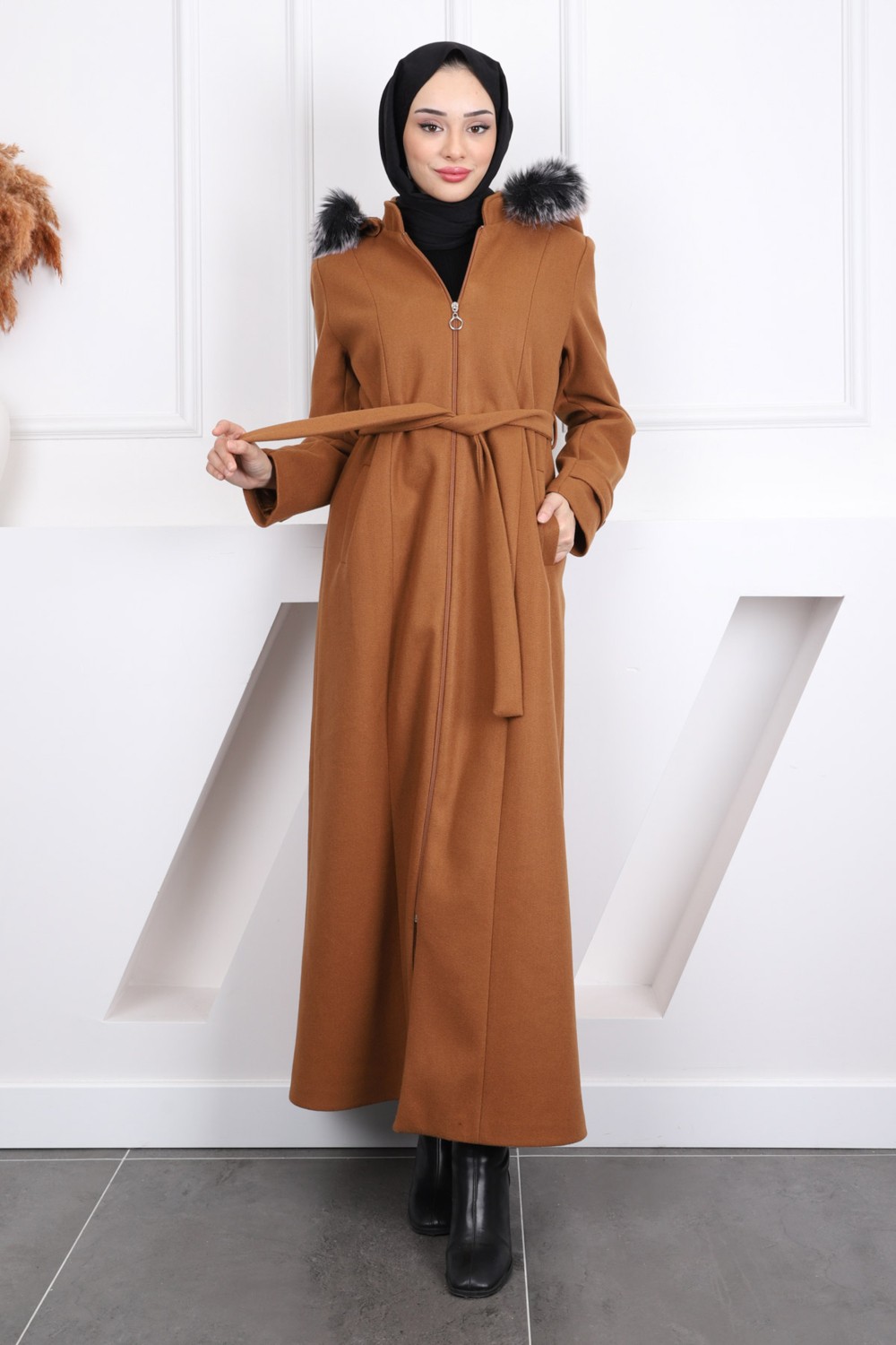 İmaj Butik Taba Bel Kuşaklı Kapüşonlu Pardesü Kaşe Kaban görsel 3