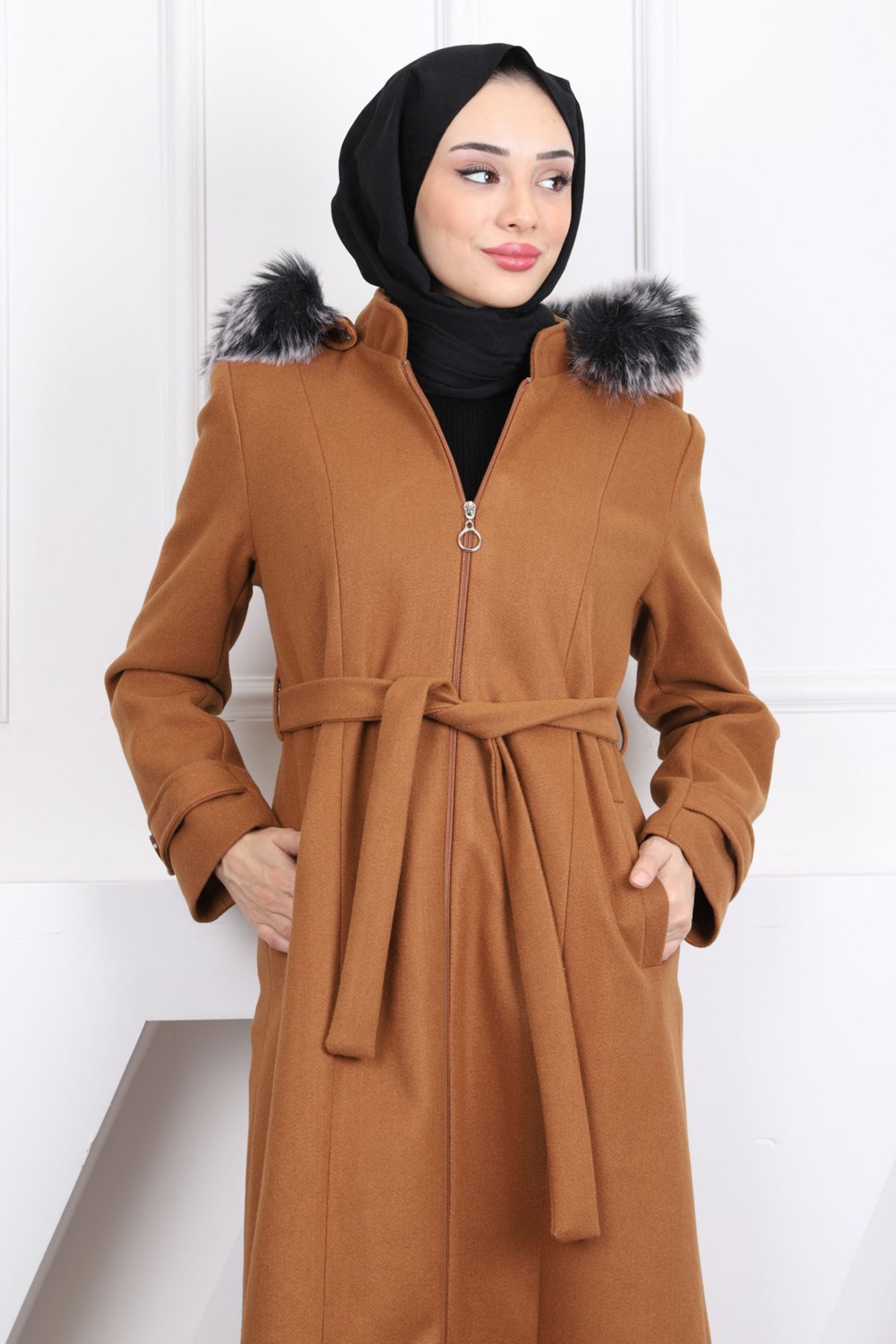 İmaj Butik Taba Bel Kuşaklı Kapüşonlu Pardesü Kaşe Kaban görsel 4