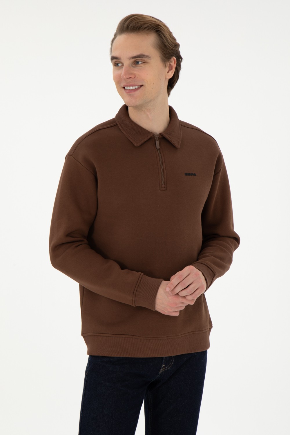 U.S. Polo Assn. Erkek Comfort Fit Yarım Fermuarlı Kahverengi Basic Sweatshirt 50298265-VR029
