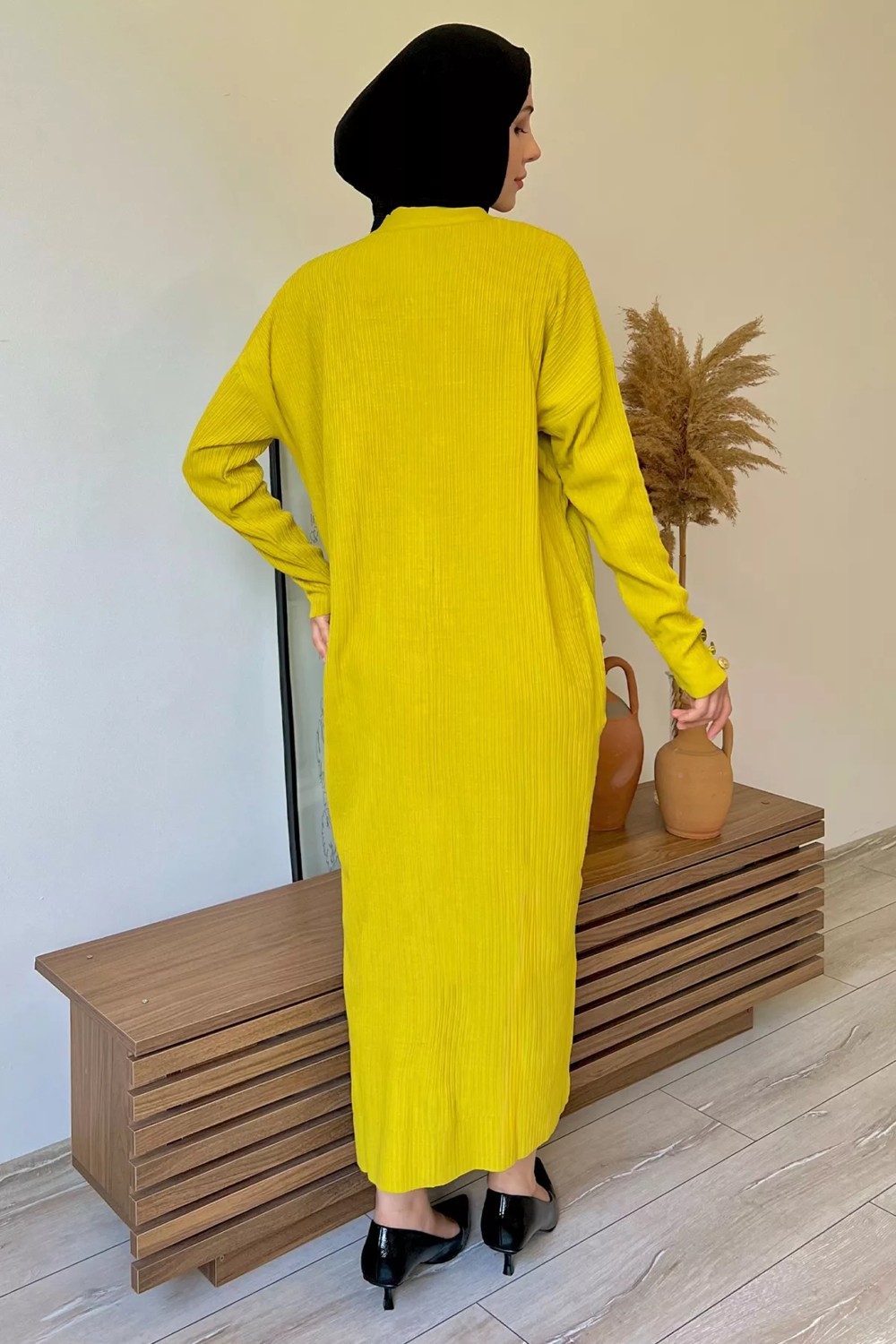 Julude Gold Düğme Detaylı Maxi Boy Tesettür Triko Hırka görsel 4