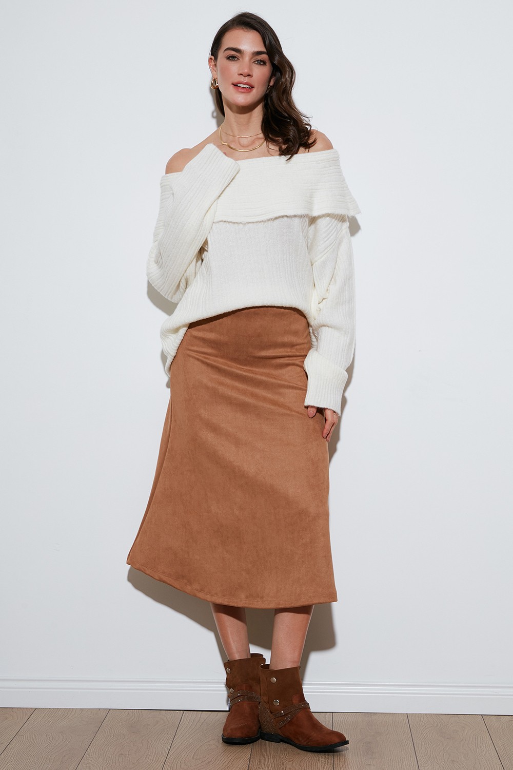 Lela Streç Regular Fit Yüksek Bel Midi Boy Süet Çan Etek Bayan Etek 5866180