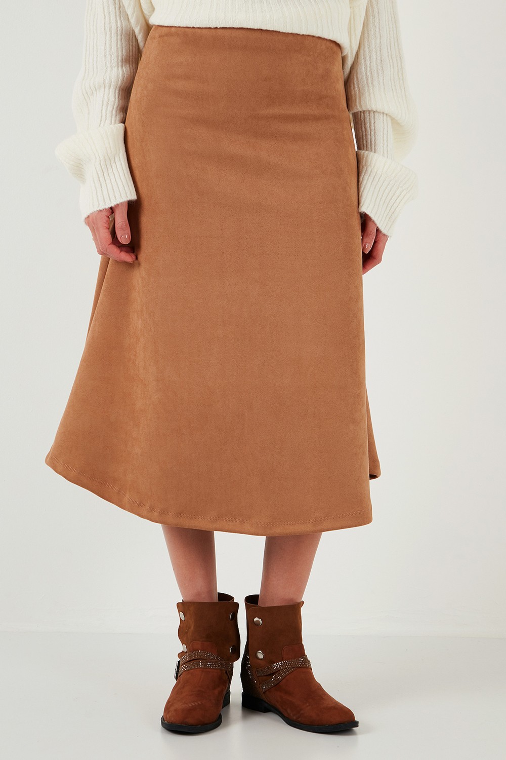 Lela Streç Regular Fit Yüksek Bel Midi Boy Süet Çan Etek Bayan Etek 5866180 görsel 3