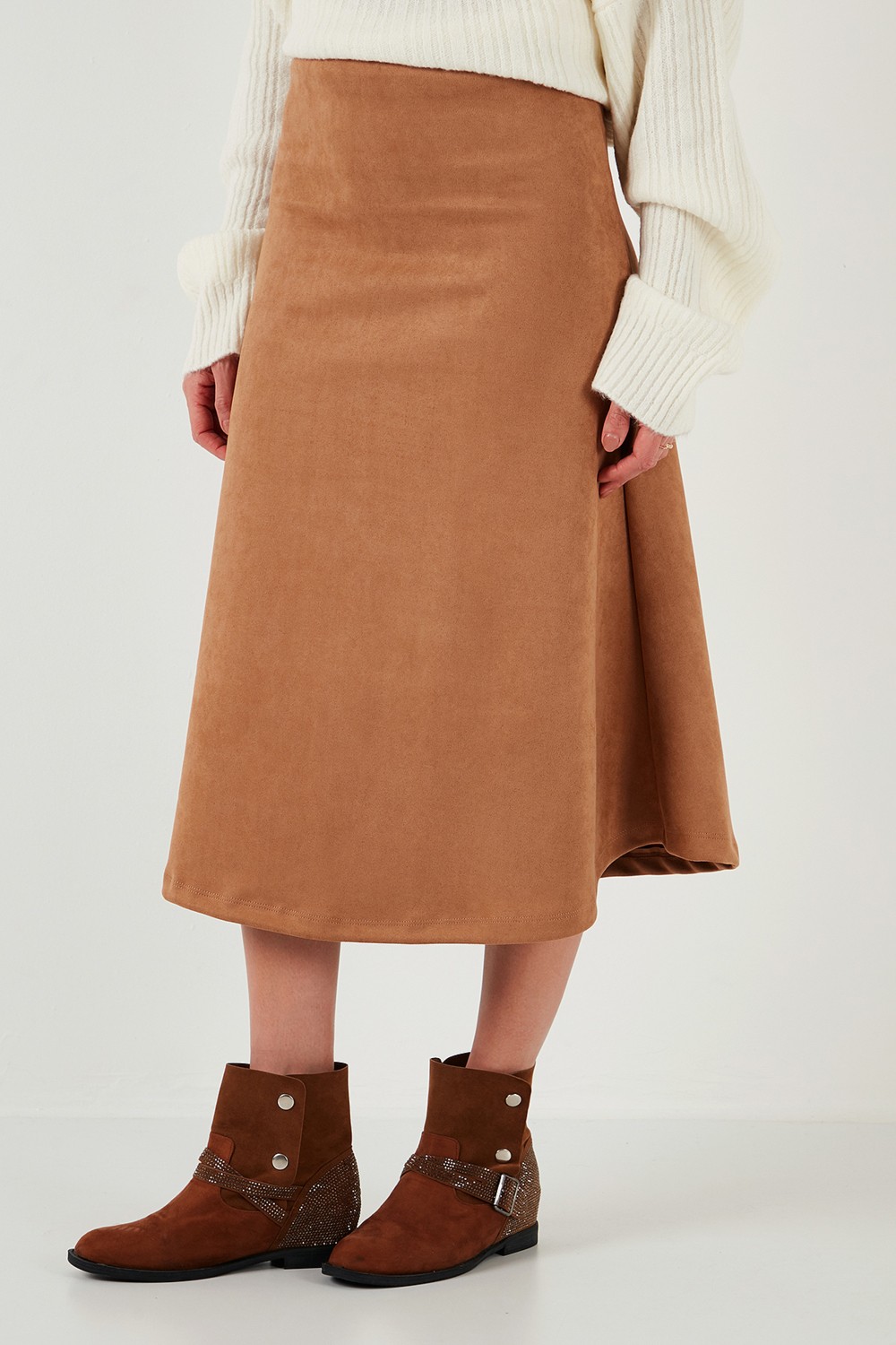Lela Streç Regular Fit Yüksek Bel Midi Boy Süet Çan Etek Bayan Etek 5866180 görsel 4