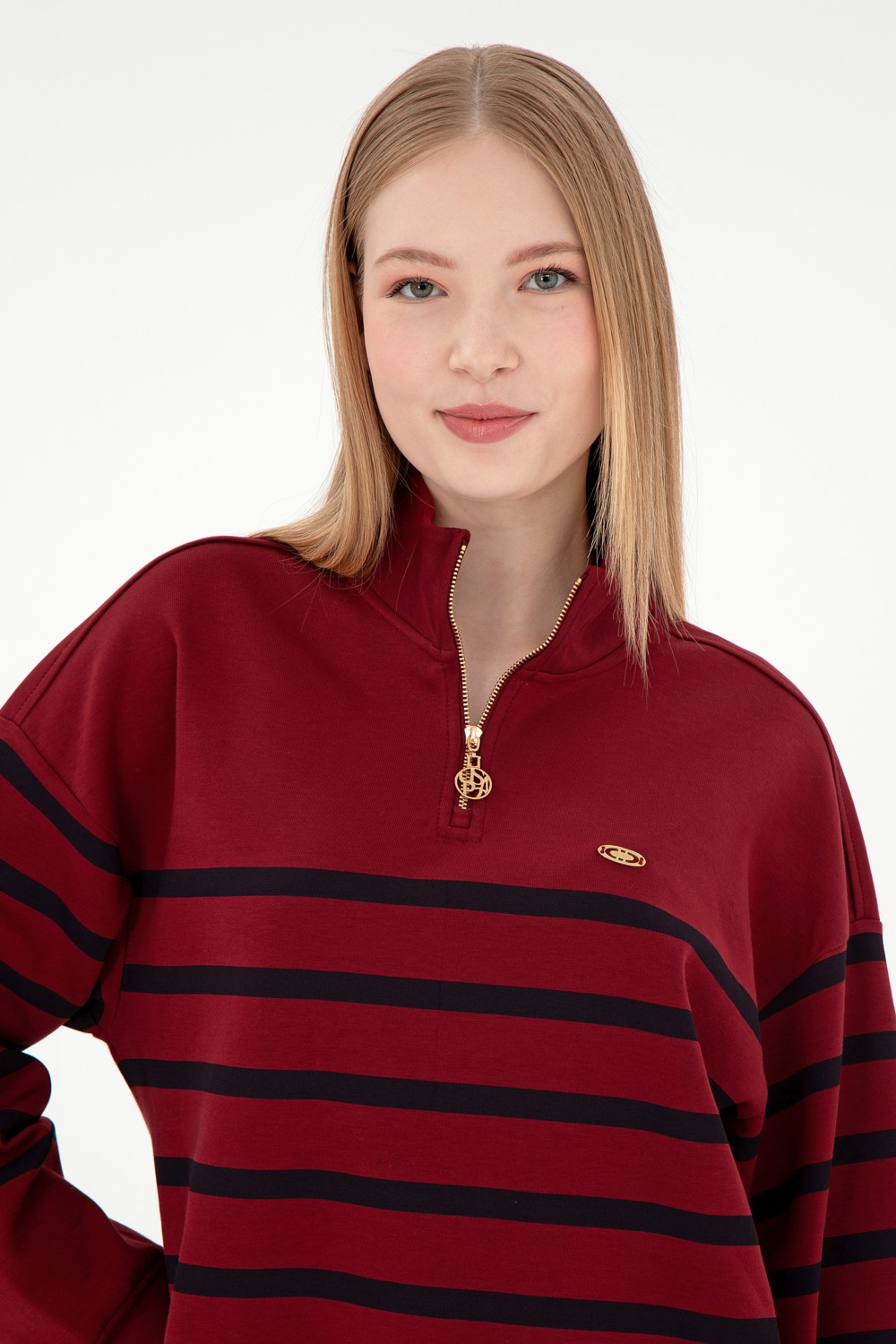 U.S. Polo Assn. Kadın Bordo Fermuarlı Dik Yaka Sweathirt 50298989-VR014 görsel 2