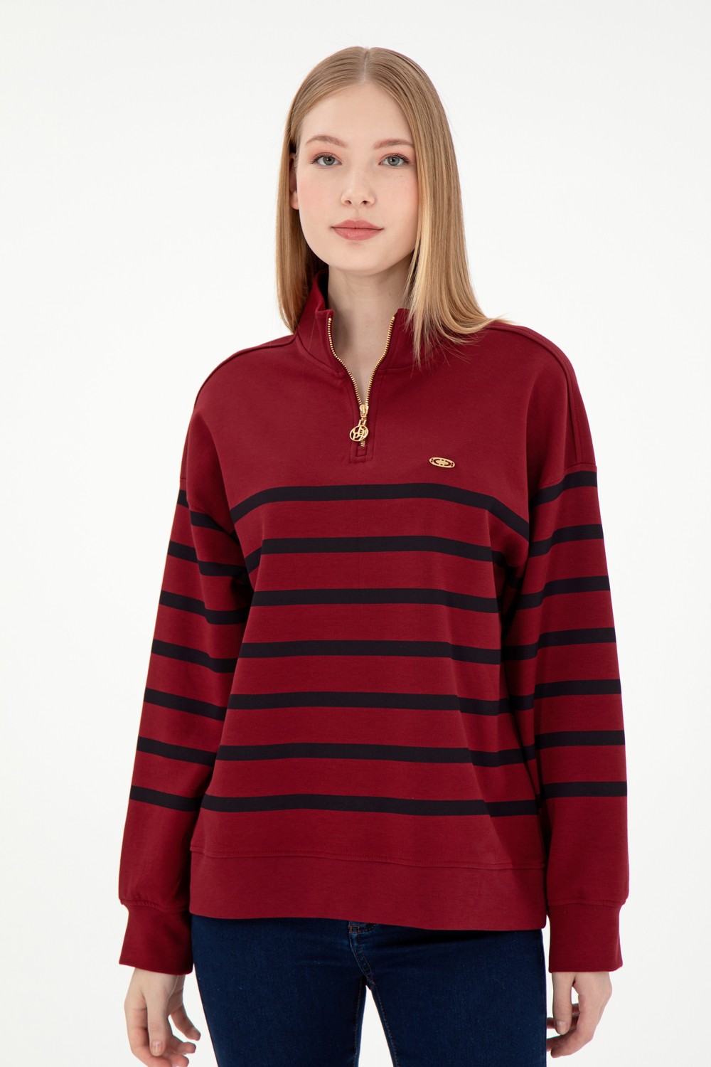 U.S. Polo Assn. Kadın Bordo Fermuarlı Dik Yaka Sweathirt 50298989-VR014 görsel 3