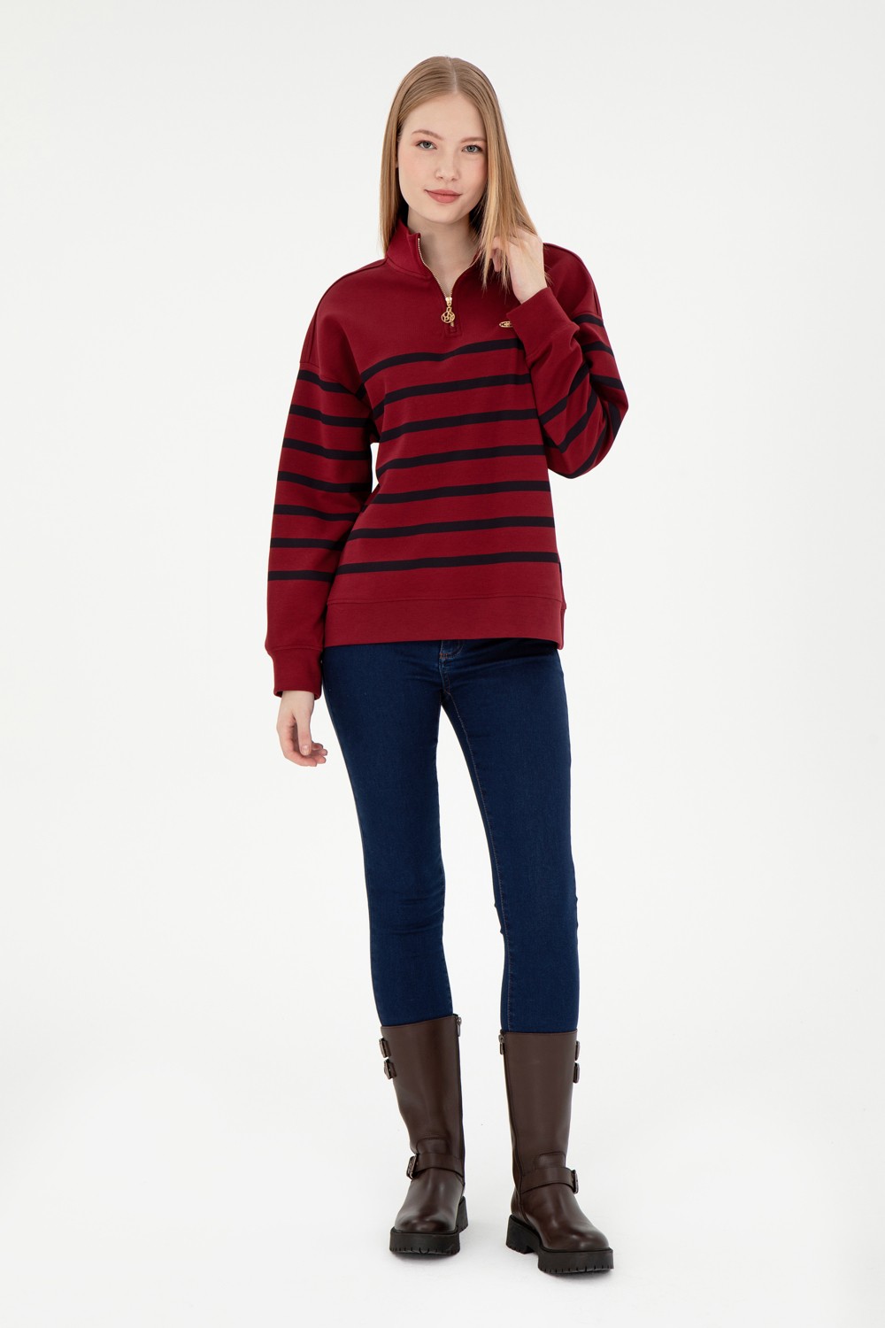 U.S. Polo Assn. Kadın Bordo Fermuarlı Dik Yaka Sweathirt 50298989-VR014 görsel 4
