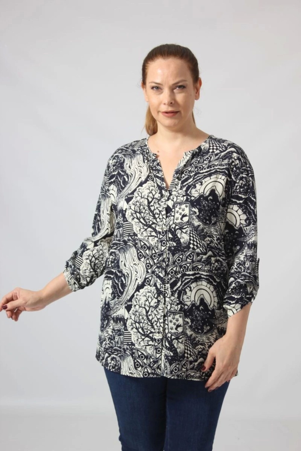 Moda Berray 3295 Lacivert Krem Karışık Desenli Viscon Kumaş Gömlek görsel 2