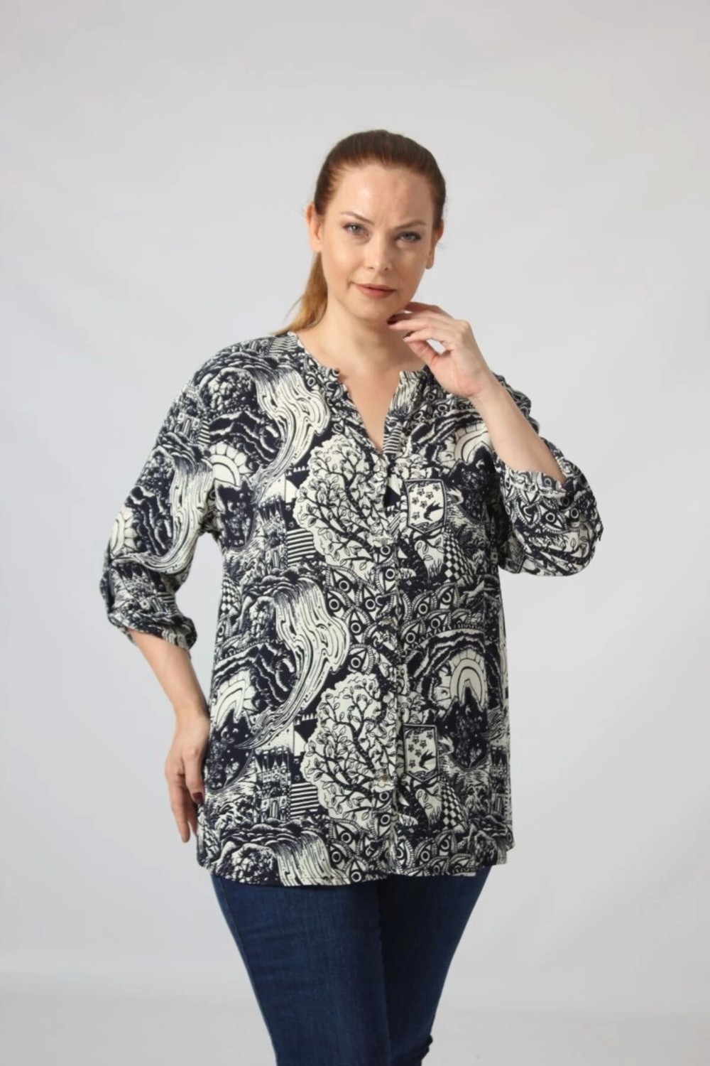 Moda Berray 3295 Lacivert Krem Karışık Desenli Viscon Kumaş Gömlek görsel 3
