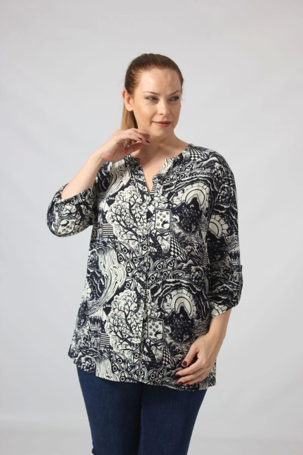 Moda Berray 3295 Lacivert Krem Karışık Desenli Viscon Kumaş Gömlek görsel 4