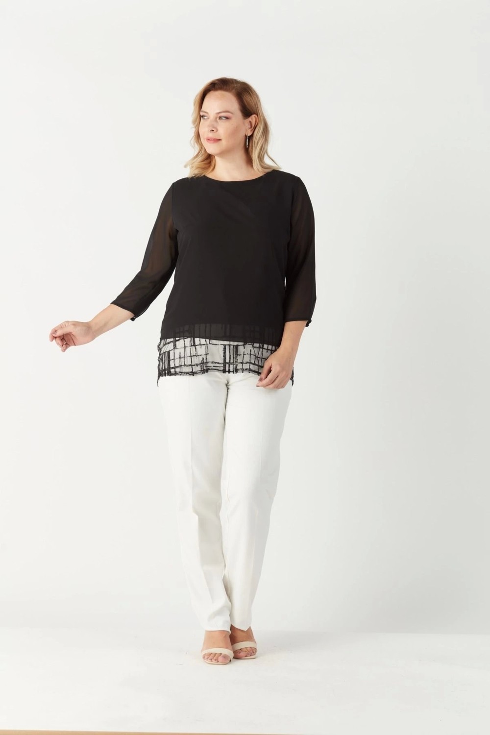 Moda Berray 4046 Şifon Payet Dantel Kombinli Büyük Beden Şık Bluz Siyah görsel 3