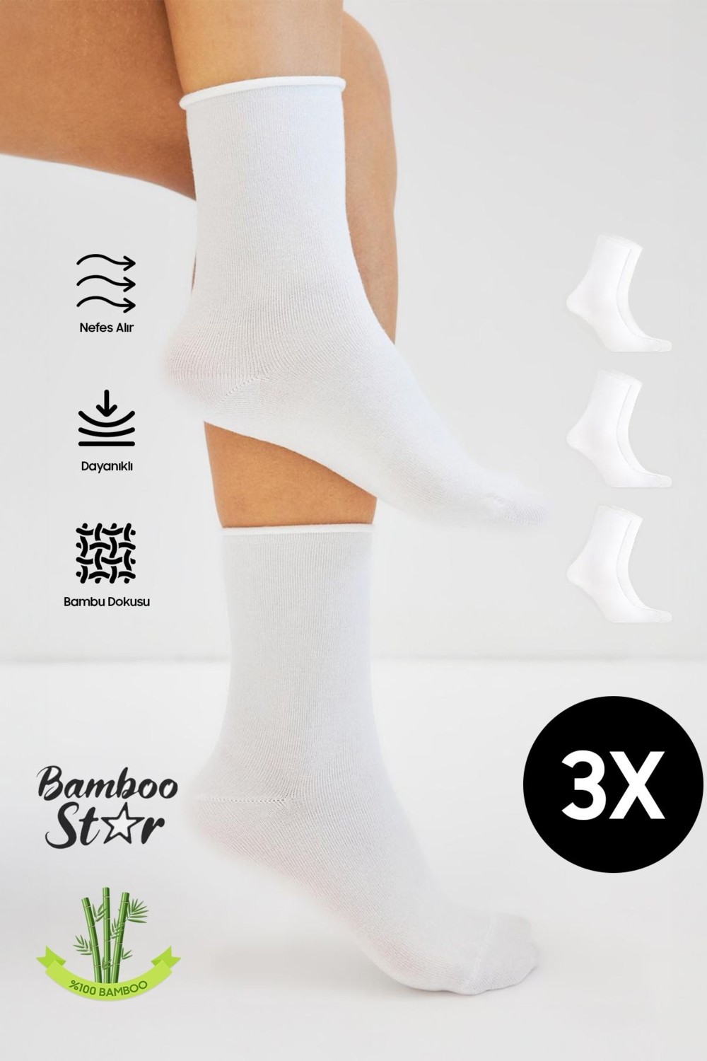 Bamboo Star Bambu Kadın Lastiksiz Beyaz Soket Dikişsiz Premium Çorap 3'lü Paket / Sıkmayan Çorap / Iz Bırakmaz