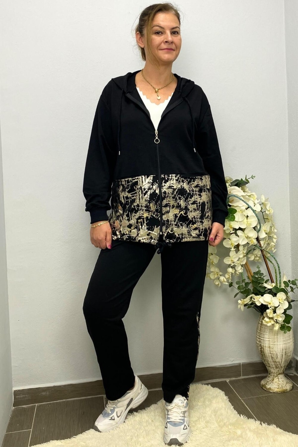 Mia Butik Kadın Siyah Varak Baskı Tasarımlı Takım