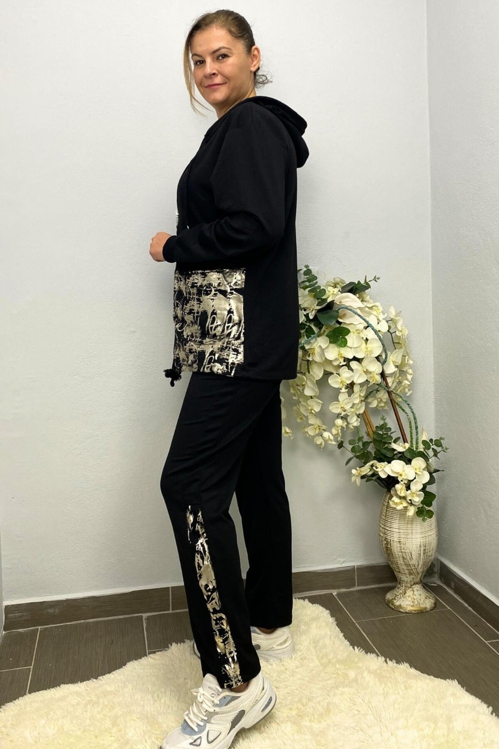 Mia Butik Kadın Siyah Varak Baskı Tasarımlı Takım görsel 5
