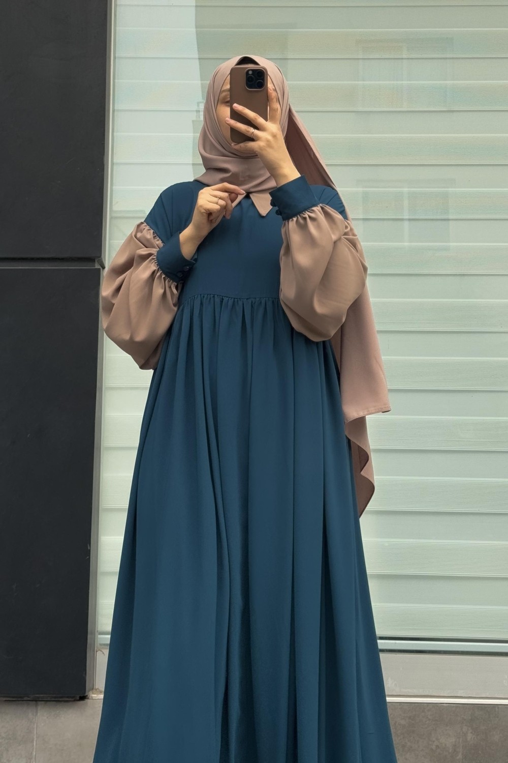 Ande Tesettür Hijabi Elbise - Petrol/ Bej