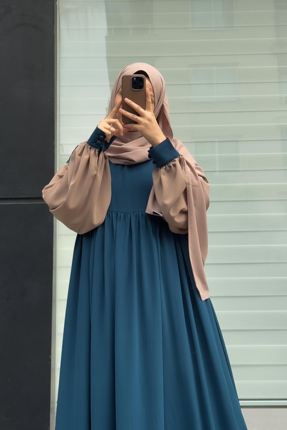 Ande Tesettür Hijabi Elbise - Petrol/ Bej görsel 2