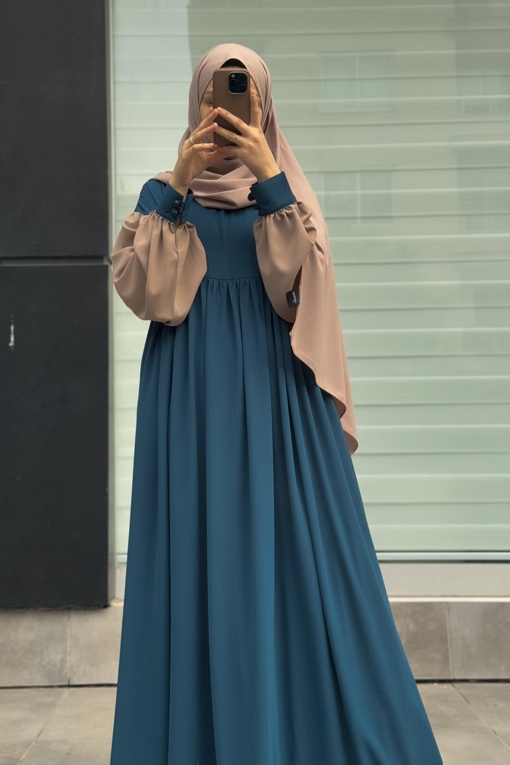 Ande Tesettür Hijabi Elbise - Petrol/ Bej görsel 3