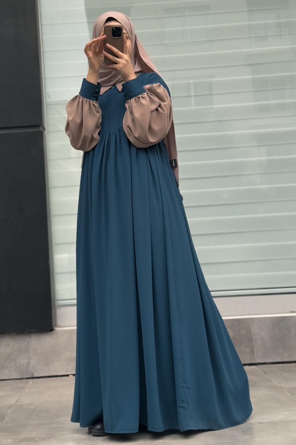 Ande Tesettür Hijabi Elbise - Petrol/ Bej görsel 4