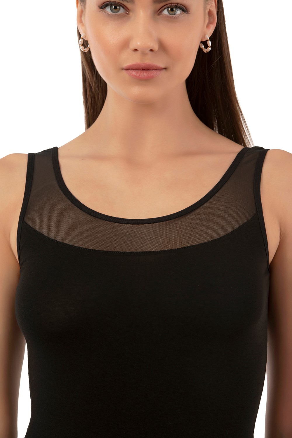 Özkan Underwear 20575 Kadın Büyük Beden Aralığı Pamuklu Likralı Tül Detaylı Kalın Askılı Atlet görsel 5