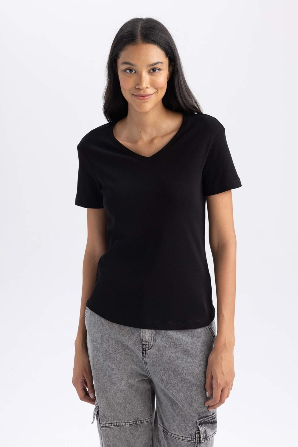 DeFacto %100 Pamuk Slim Fit Ribana Kısa Kollu Tişört B0647AXNS