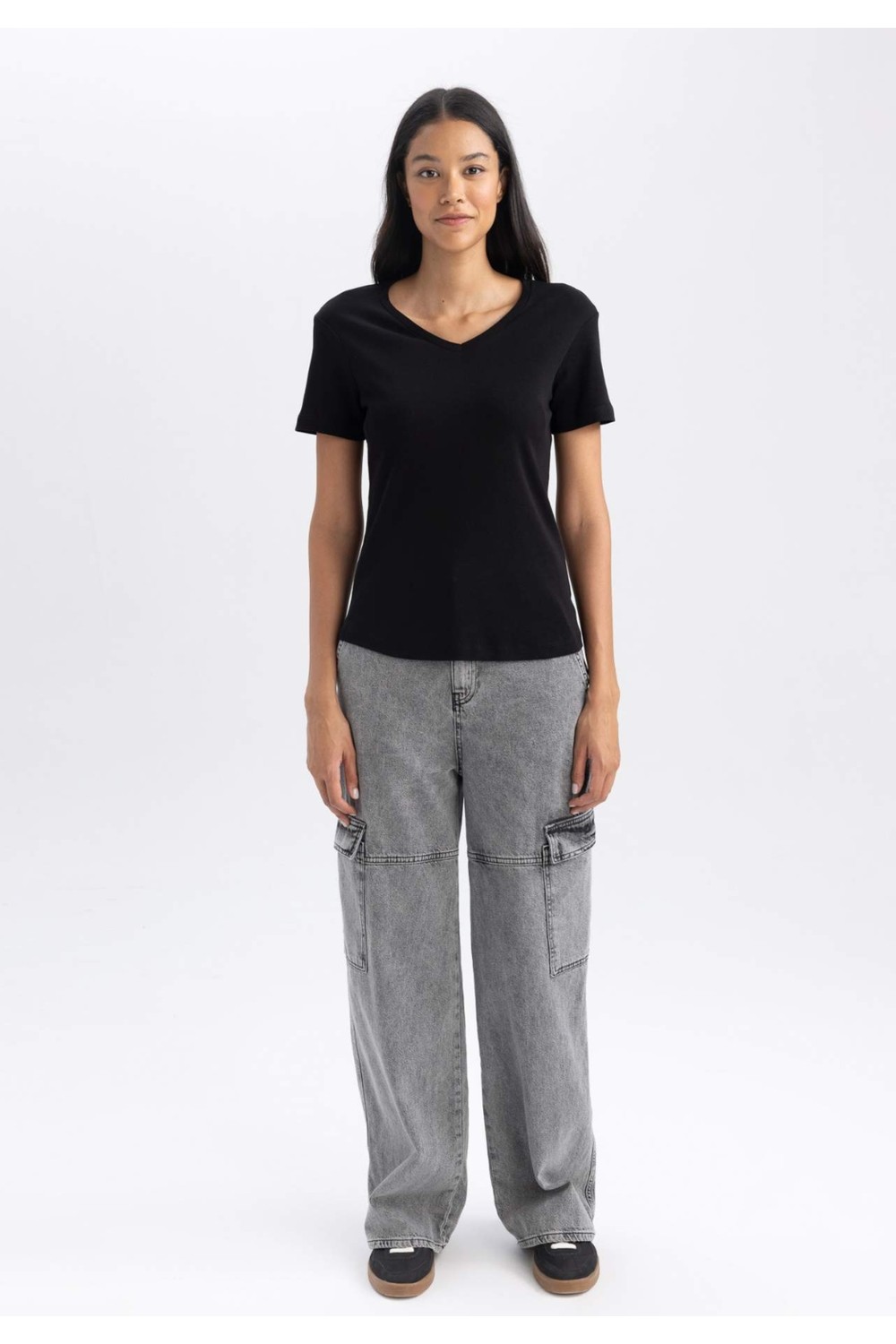 DeFacto %100 Pamuk Slim Fit Ribana Kısa Kollu Tişört B0647AXNS görsel 7