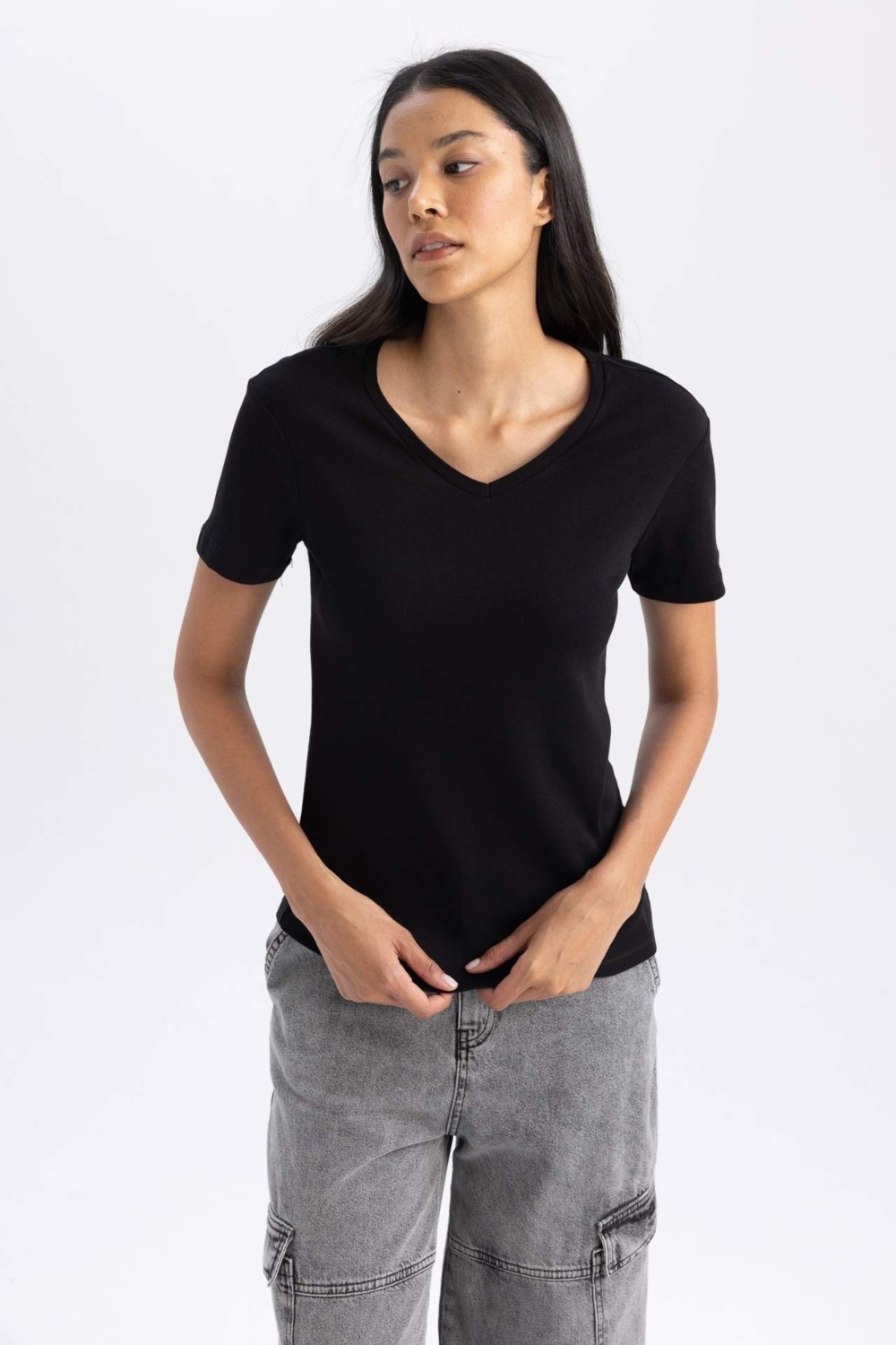 DeFacto %100 Pamuk Slim Fit Ribana Kısa Kollu Tişört B0647AXNS görsel 8