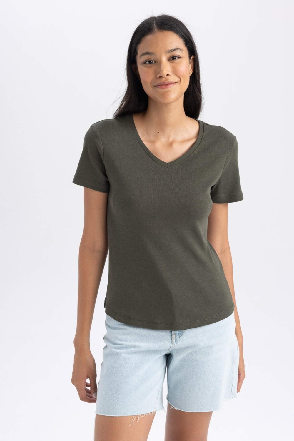 DeFacto %100 Pamuk Slim Fit Ribana Kısa Kollu Tişört B0647AXNS