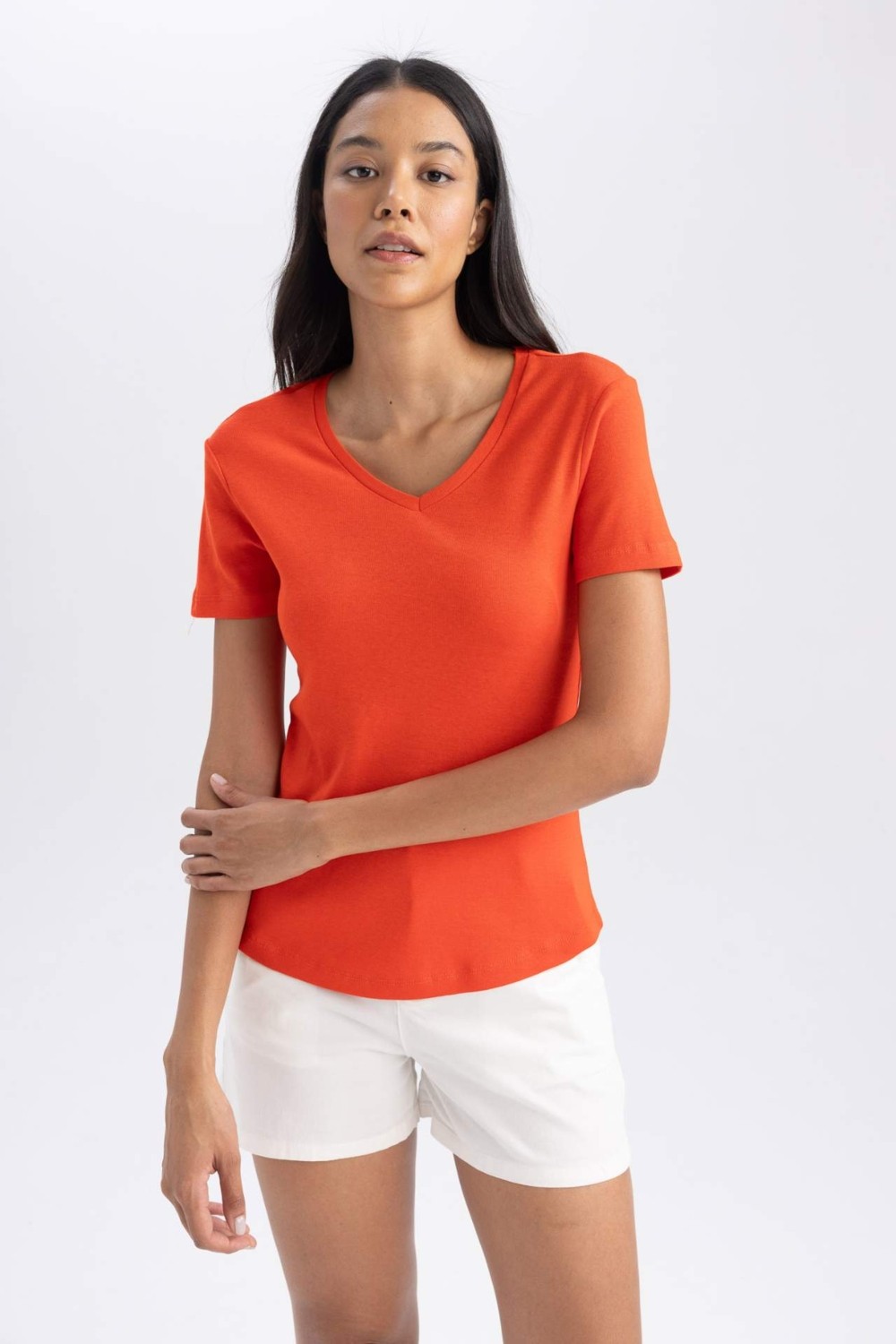 DeFacto %100 Pamuk Slim Fit Ribana Kısa Kollu Tişört B0647AXNS