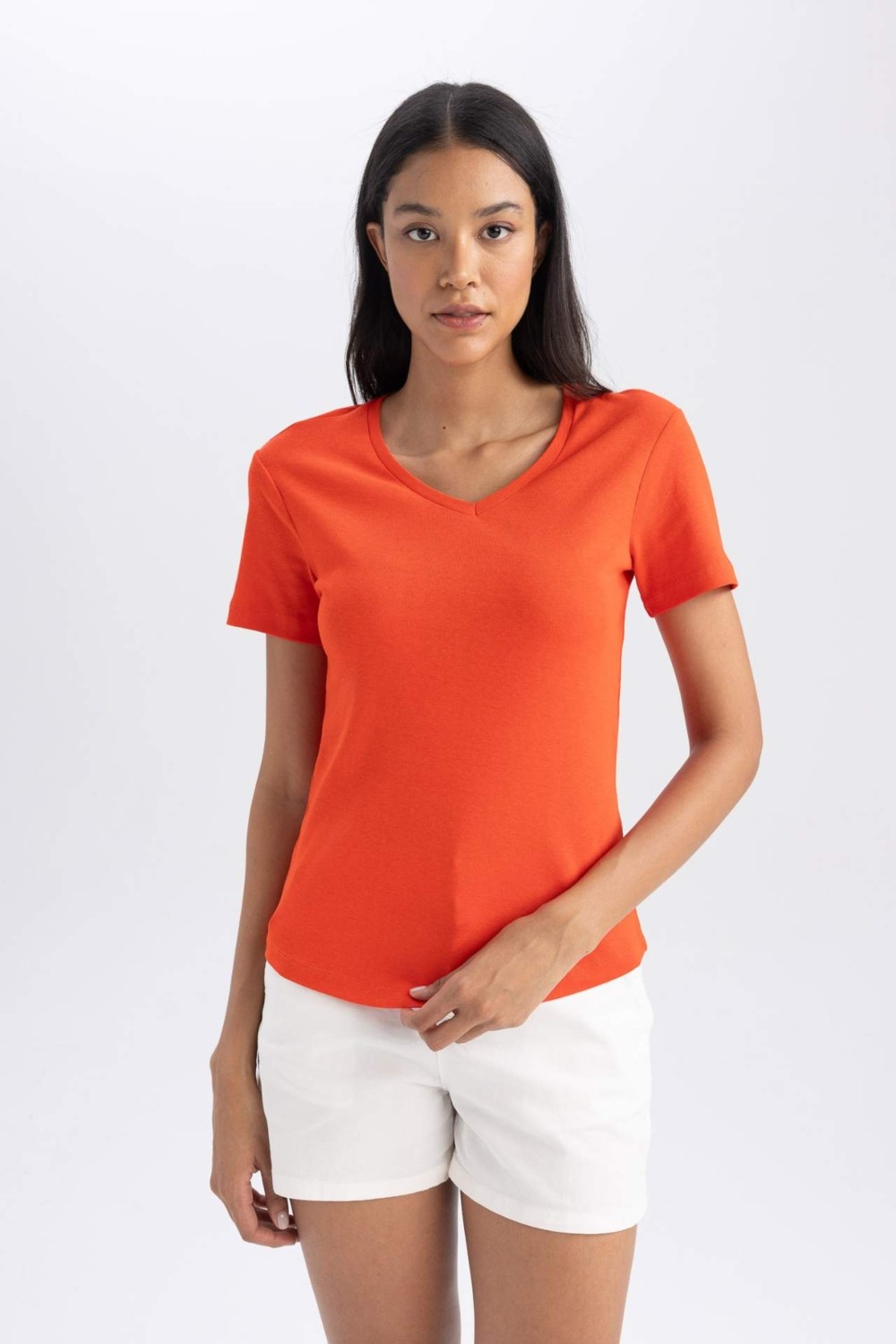 DeFacto %100 Pamuk Slim Fit Ribana Kısa Kollu Tişört B0647AXNS görsel 3