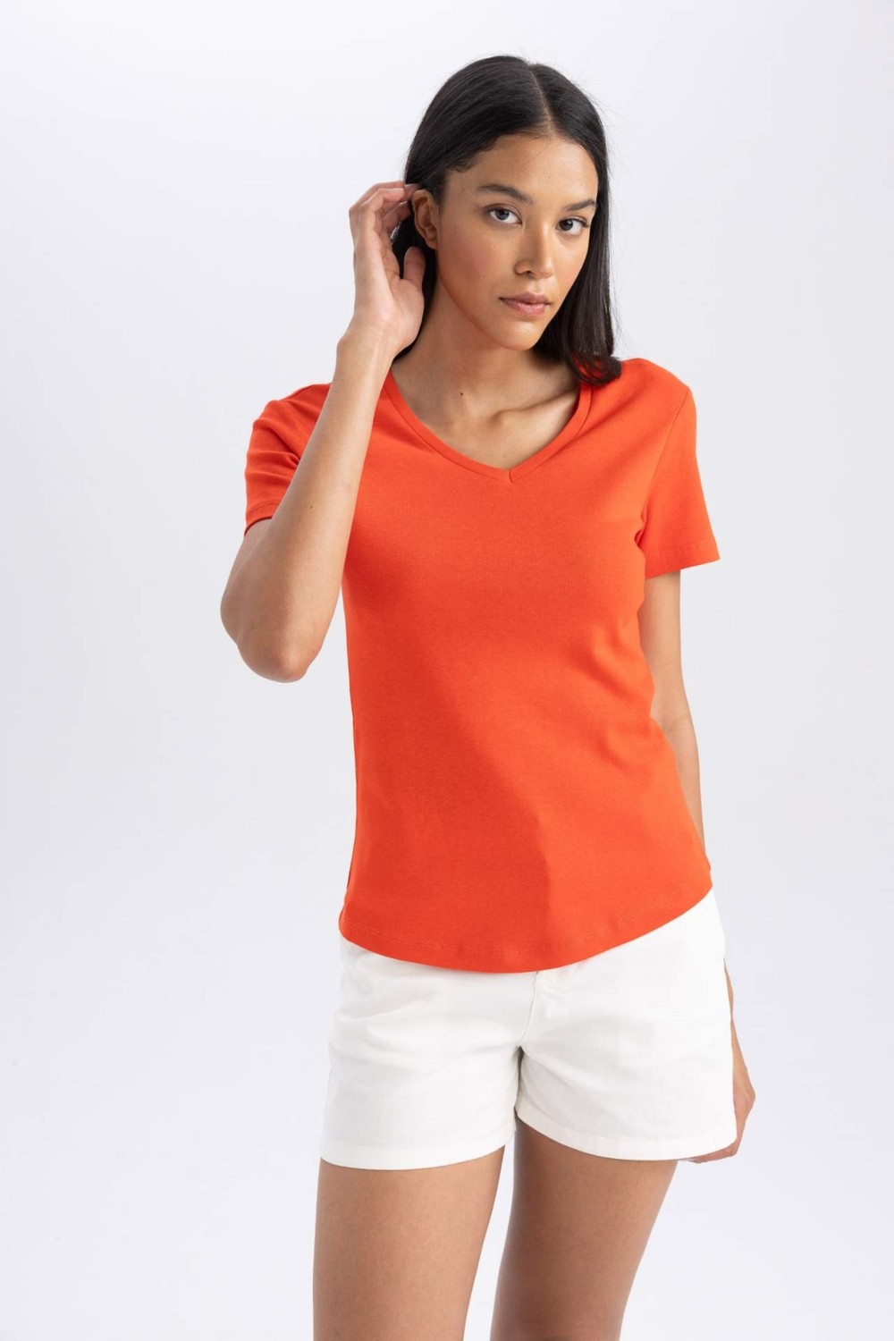 DeFacto %100 Pamuk Slim Fit Ribana Kısa Kollu Tişört B0647AXNS görsel 4