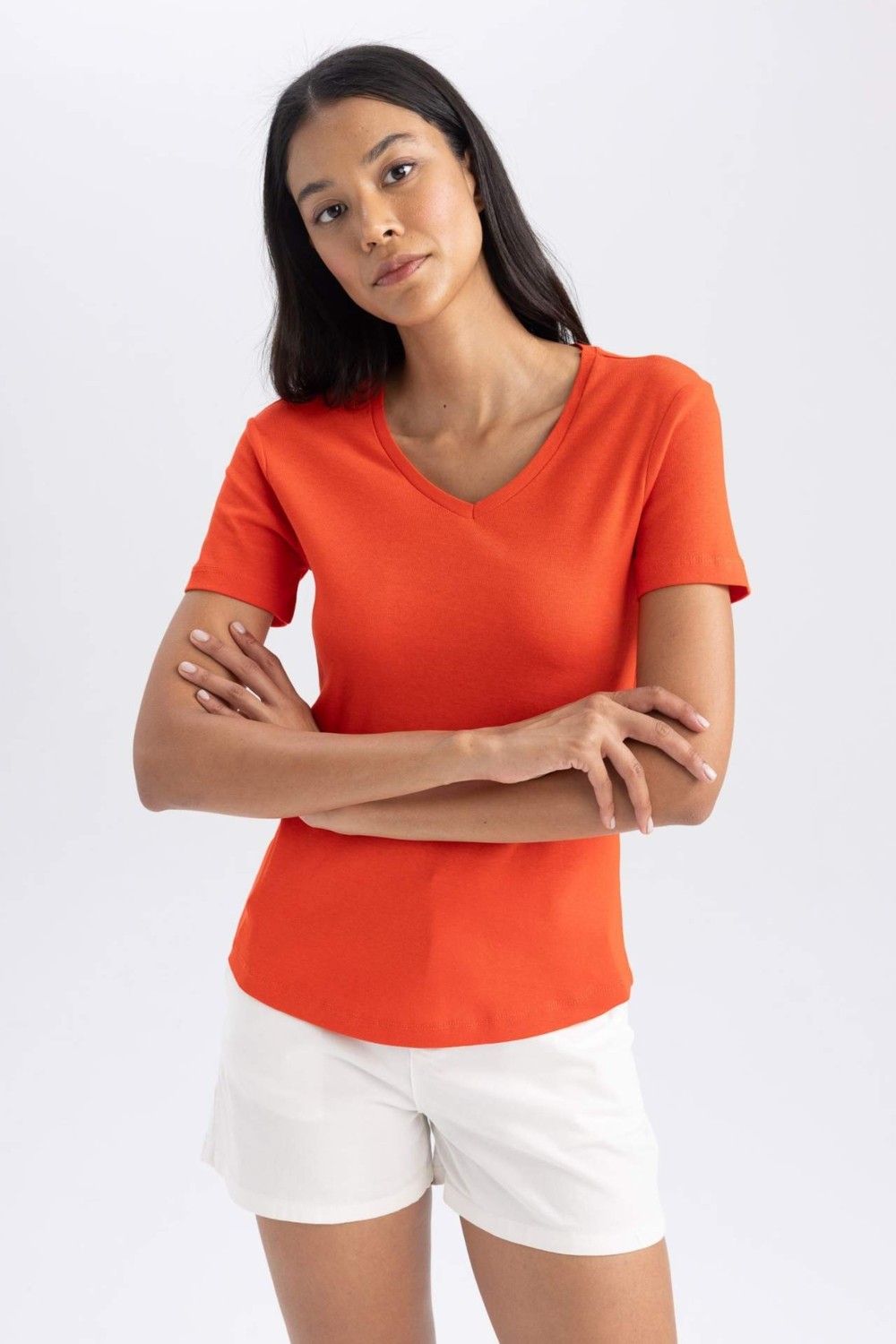DeFacto %100 Pamuk Slim Fit Ribana Kısa Kollu Tişört B0647AXNS görsel 5