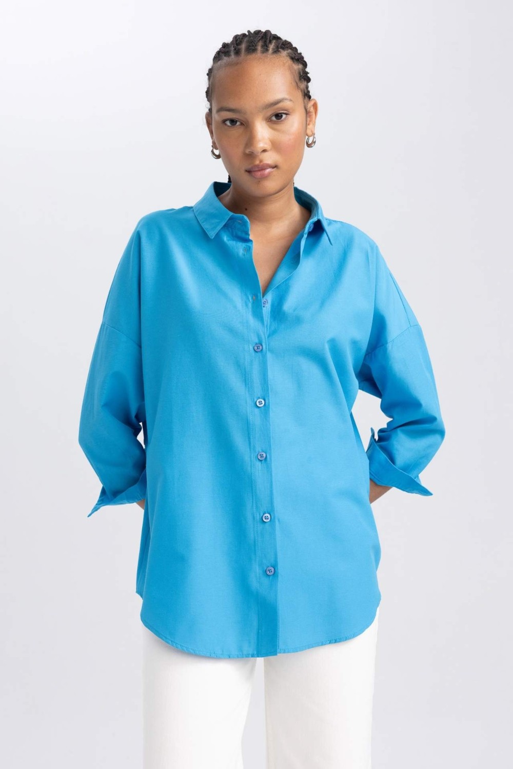 DeFacto Oversize Gömlek Yaka Poplin Uzun Kollu Tunik B0659AXNS görsel 3
