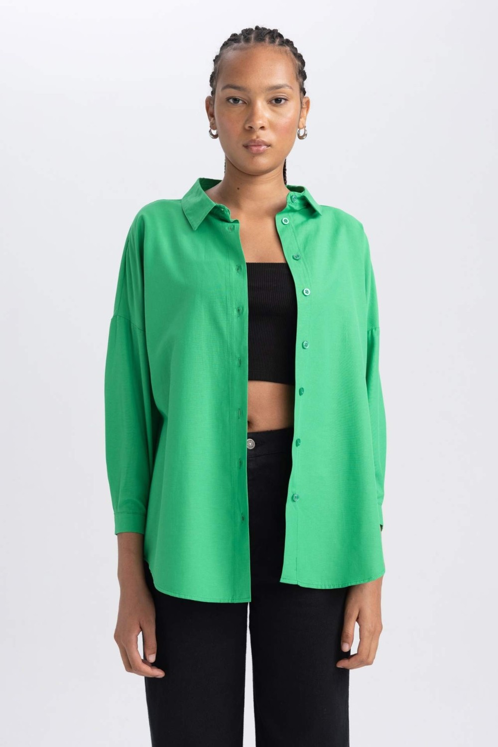DeFacto Oversize Gömlek Yaka Poplin Uzun Kollu Tunik B0659AXNS