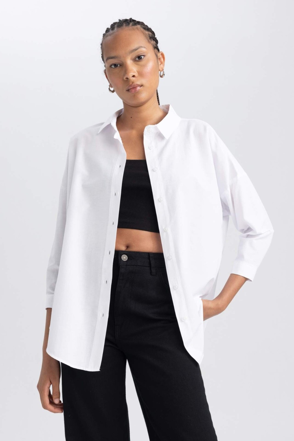 DeFacto Oversize Gömlek Yaka Poplin Uzun Kollu Tunik B0659AXNS