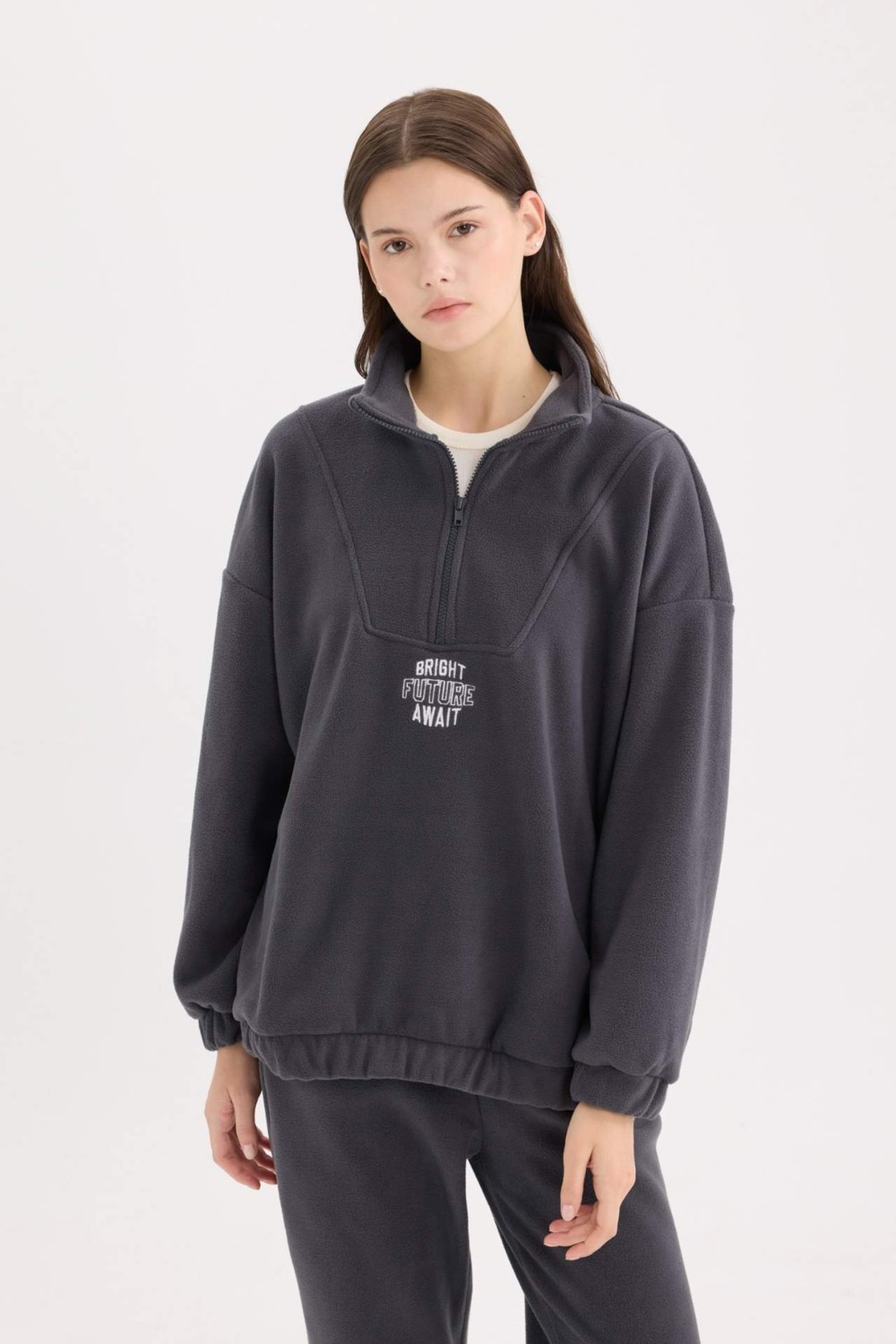 DeFacto Oversize Geniş Kalıp Fermuarlı Dik Yaka Nakışlı Polar Sweatshirt Y2649AZ24WN görsel 3