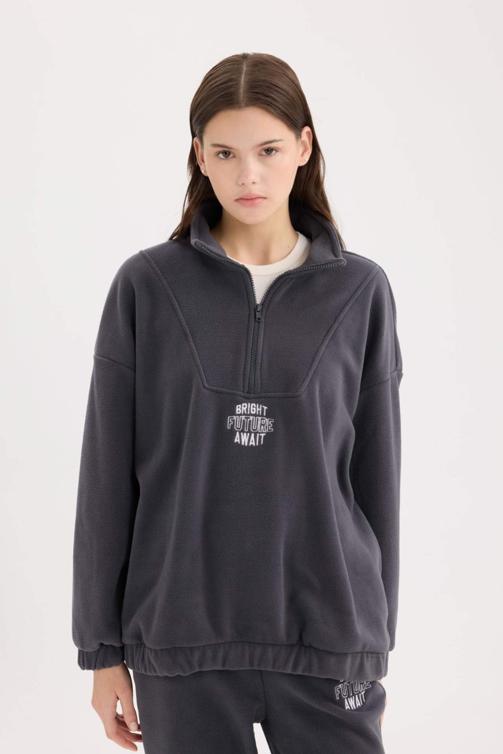 DeFacto Oversize Geniş Kalıp Fermuarlı Dik Yaka Nakışlı Polar Sweatshirt Y2649AZ24WN görsel 4