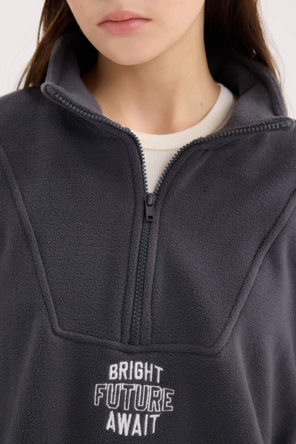 DeFacto Oversize Geniş Kalıp Fermuarlı Dik Yaka Nakışlı Polar Sweatshirt Y2649AZ24WN görsel 5