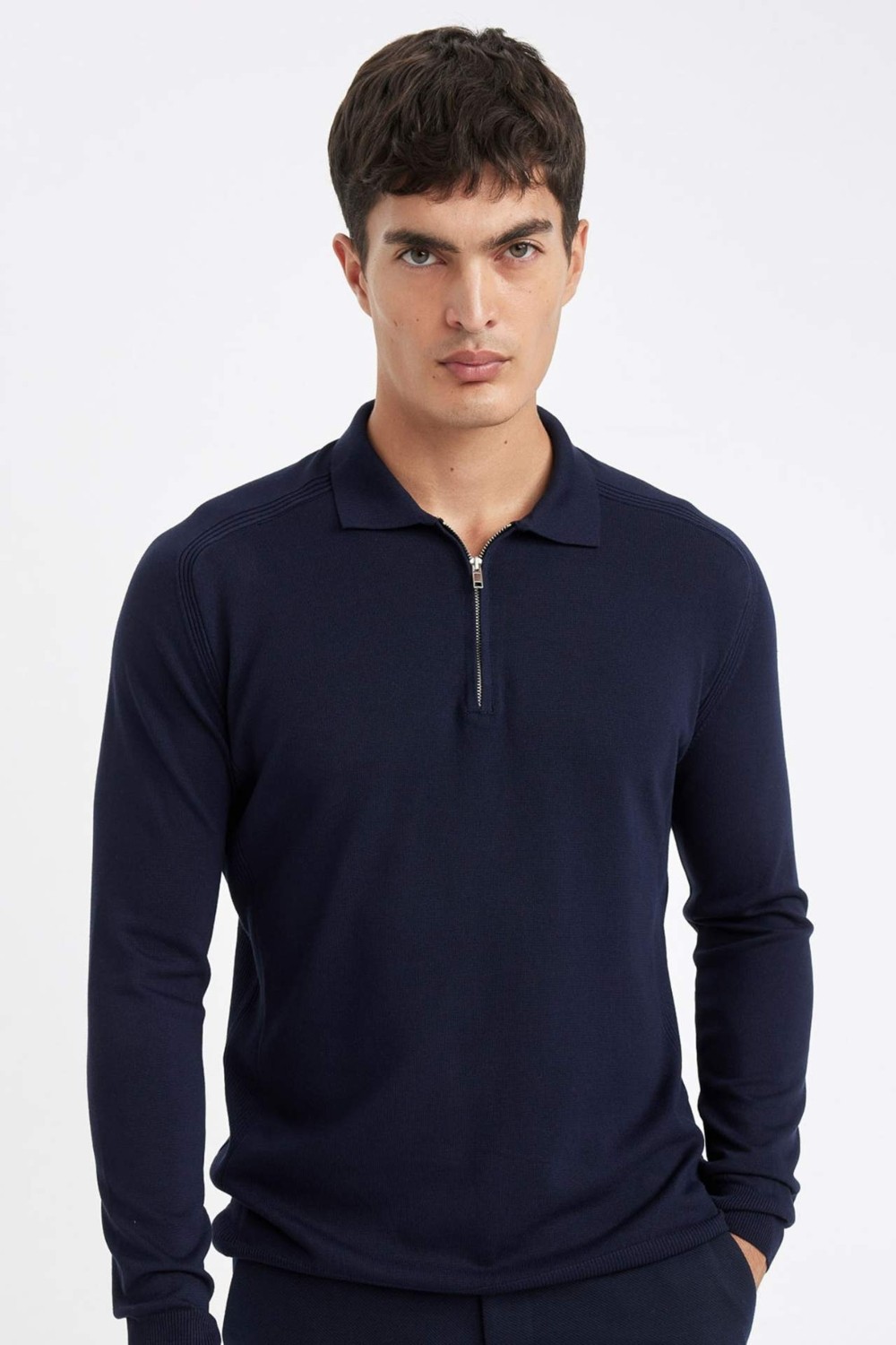 DeFacto Lacivert Standart Fit Normal Kesim Fermuarlı Polo Yaka Triko Kazak D0621AX24AU