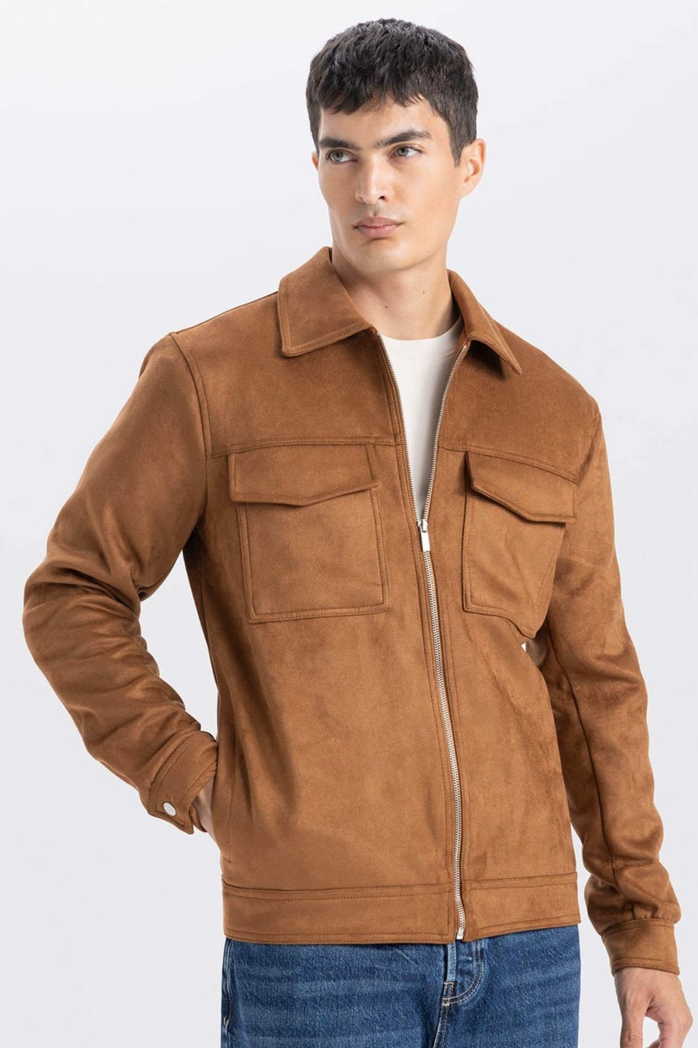 DeFacto Slim Fit Dar Kesim Süet Mont Ceket Gömlek Yaka Cepli Astarlı Y5362AZ24AU