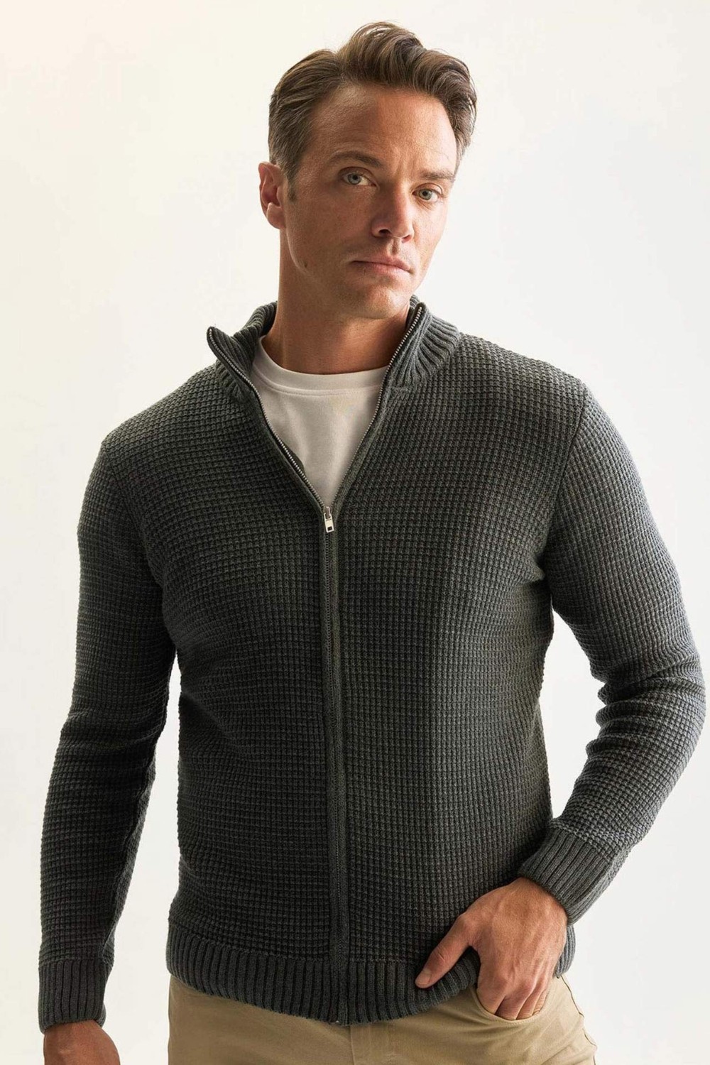 DeFacto Standart Fit Normal Kesim Yarım Balıkçı Yaka Fermuarlı Waffle Hırka R1195AZNS