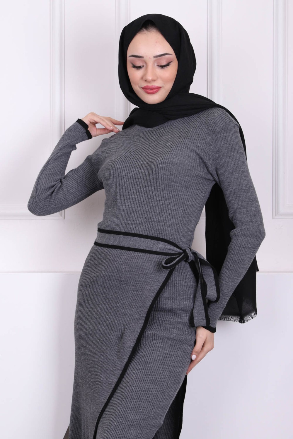 İmaj Butik Saks Mavi Yan Bağlama Detaylı Fitilli İkili Triko Elbise görsel 6