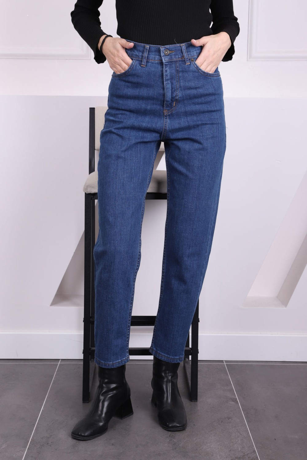 İmaj Butik Koyu Mavi Yüksek Bel Mom Jeans Pantolon