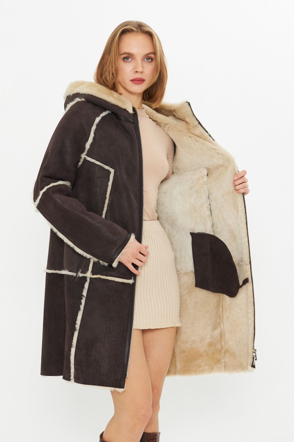 By Marki Marki Nubuk Deri Kapüşonlu Oversize Kadın Kaban - Içi Kürklü - Kahverengi 90 cm - 113422 görsel 2