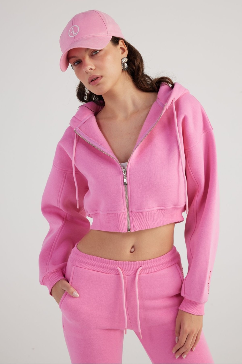 Holly Lolly Kadın Siyah Kapüşonlu Uzun Kol Fermuarlı Crop Mixed Sweat