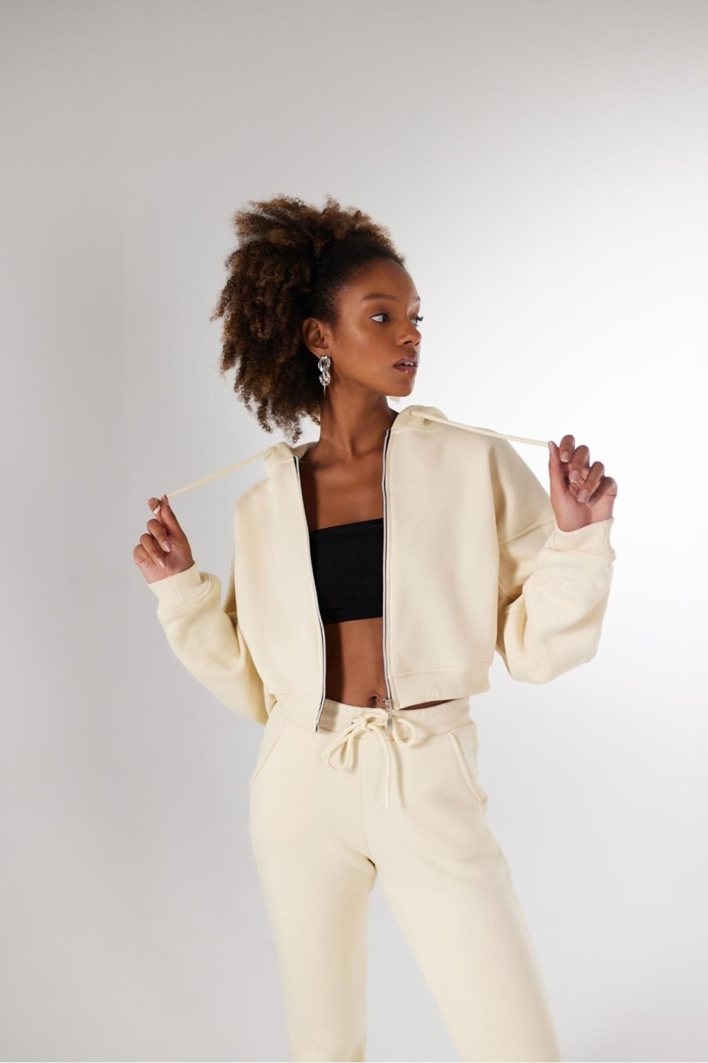 Holly Lolly Kadın Siyah Kapüşonlu Uzun Kol Fermuarlı Crop Mixed Sweat görsel 5