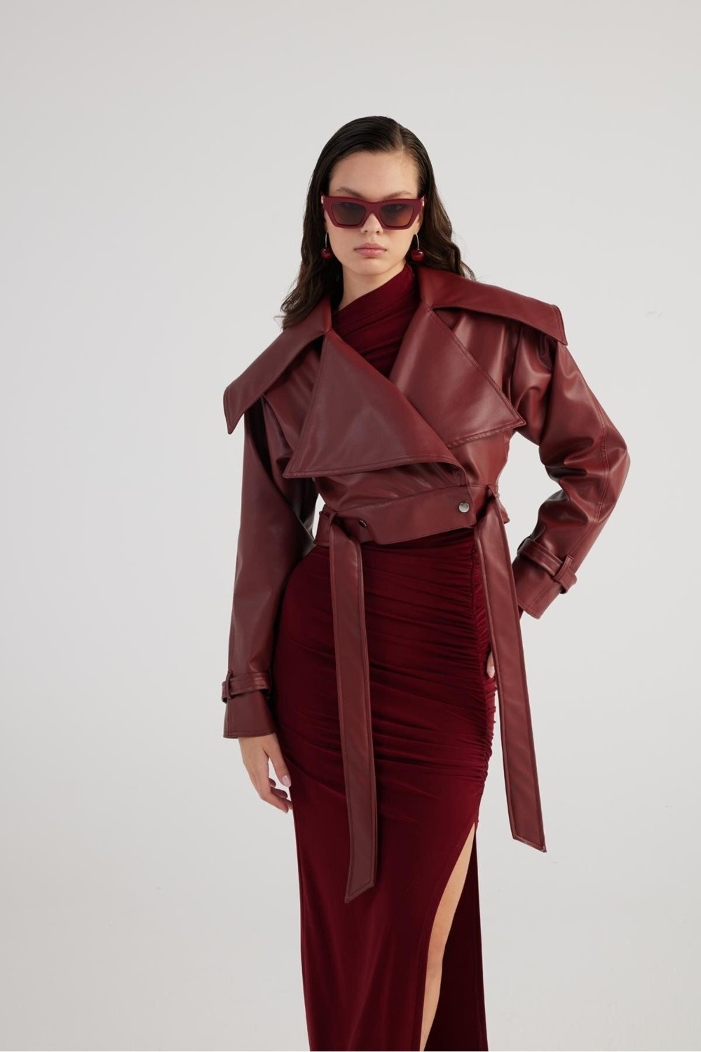 Holly Lolly Neeko Deri Kadın Ceket Bordo Crop Model Astarlı Kemerli Regular Kalıp Şıklığı