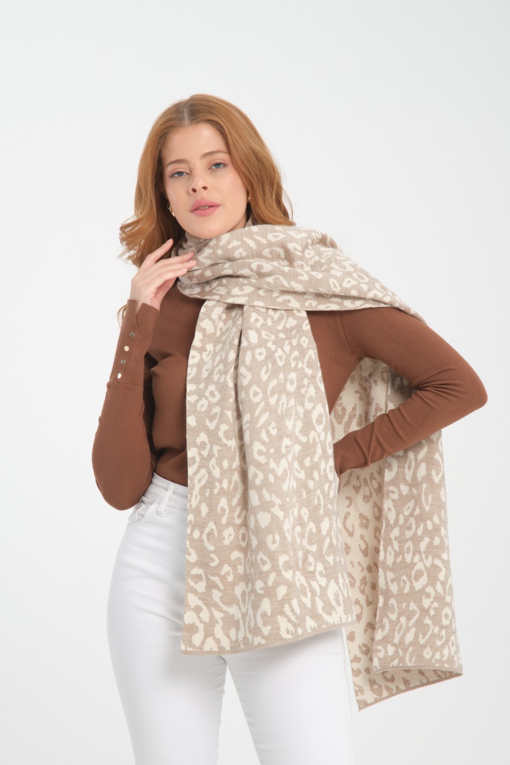 Wega Moda Leopar Desenli Triko Örgü Atkı, Triko Atkı, Yumuşak Dokulu Atkı, Kadın Atkı, Atkı, Triko Örgülü Atkı