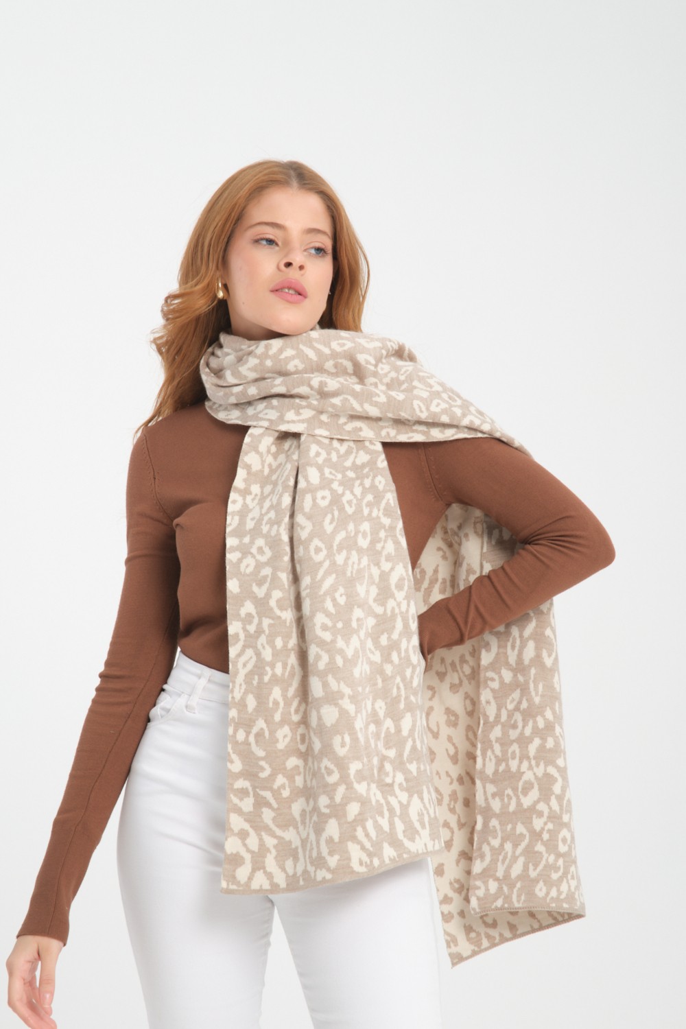Wega Moda Leopar Desenli Triko Örgü Atkı, Triko Atkı, Yumuşak Dokulu Atkı, Kadın Atkı, Atkı, Triko Örgülü Atkı görsel 2