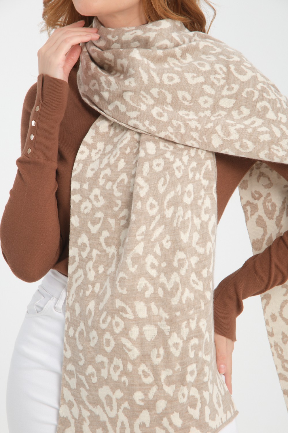 Wega Moda Leopar Desenli Triko Örgü Atkı, Triko Atkı, Yumuşak Dokulu Atkı, Kadın Atkı, Atkı, Triko Örgülü Atkı görsel 3