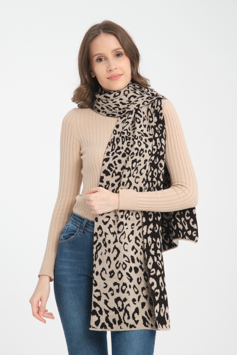 Wega Moda Leopar Desenli Triko Örgü Atkı, Triko Atkı, Yumuşak Dokulu Atkı, Kadın Atkı, Atkı, Triko Örgülü Atkı