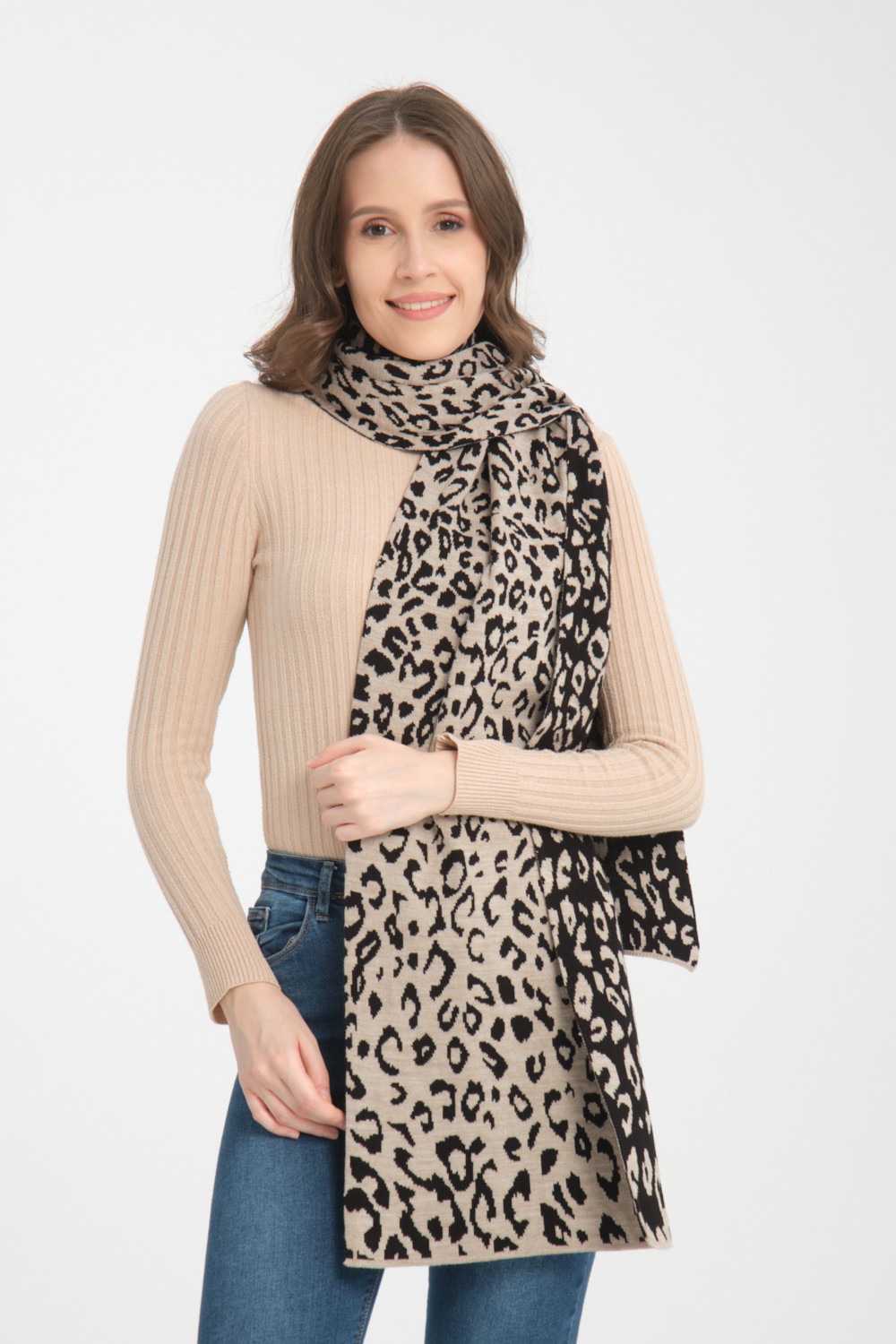 Wega Moda Leopar Desenli Triko Örgü Atkı, Triko Atkı, Yumuşak Dokulu Atkı, Kadın Atkı, Atkı, Triko Örgülü Atkı görsel 8